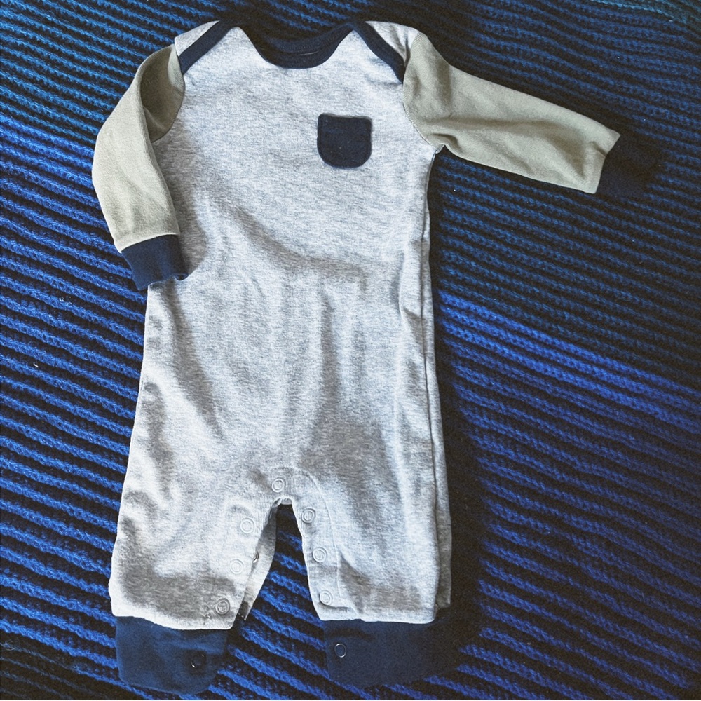 grey, navy, & sage green long sleeve baby one piece